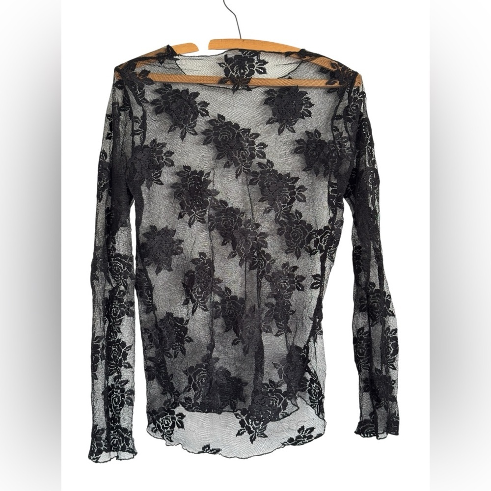 Karen Kane Lace Mesh Lettuce Hem Long Sleeve Top Size Medium Whimsygoth Chic
